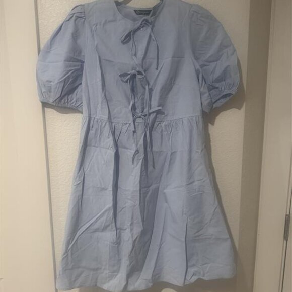 Light Blue Short Sleeve Bow Tie Front Babydoll Mini Dress with Pockets - New - Picture 2 of 3